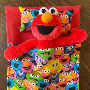 Elmo plush with handmade sleeping bag, pillow